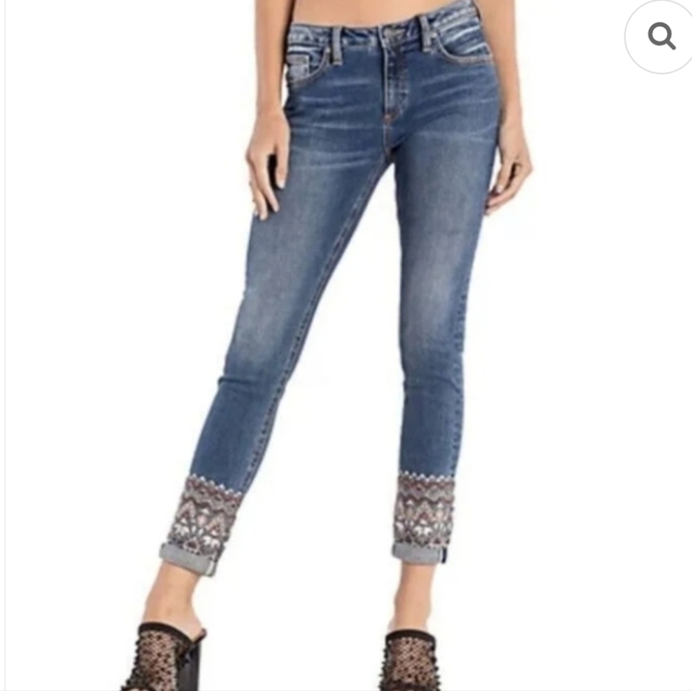 ❤️ MISS ME AZTEC EMBROIDERED RHINESTONE ANKLE SKINNY JEANS, 2 (26)